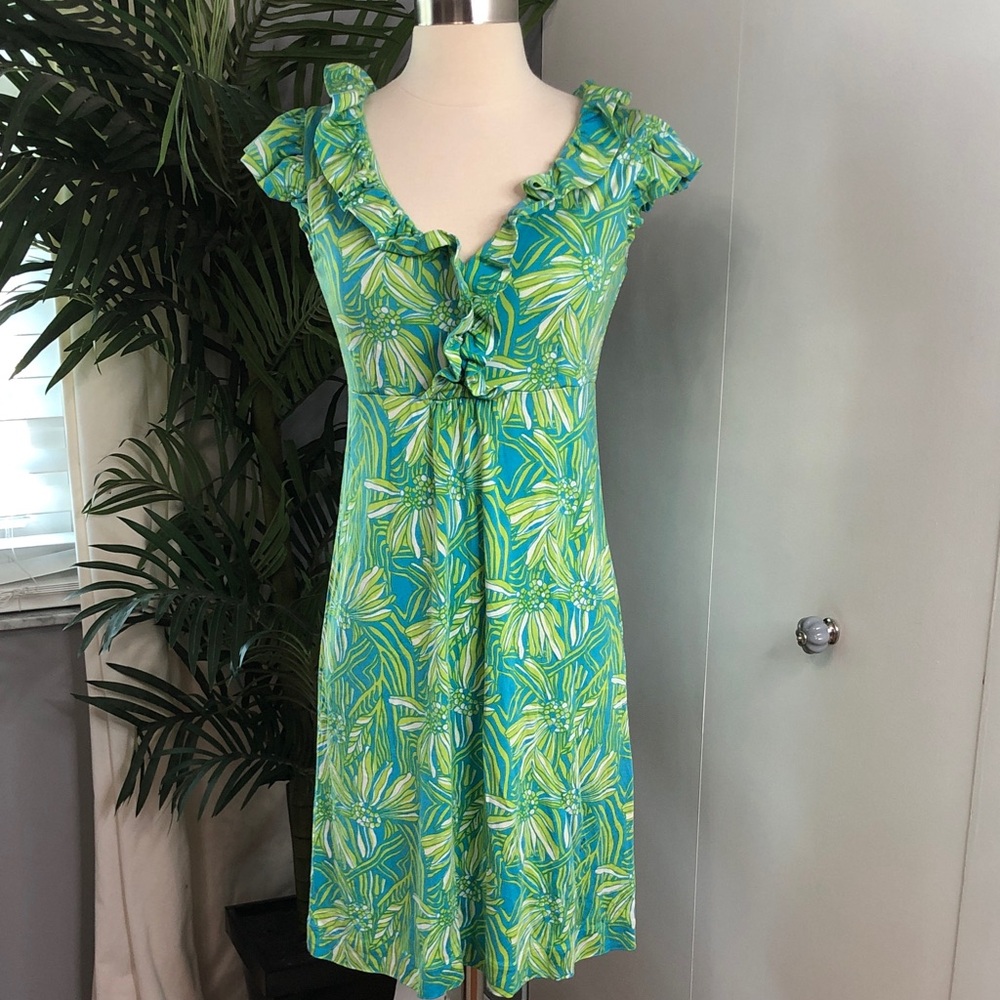 Lilly Pulitzer Aqua & Lime Green Tropical Print Mini Dress